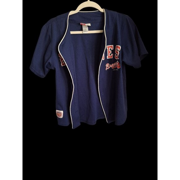 Vintage Atlanta Braves Navy Blue Button-Up Baseball Jersey Short Sleeve Size XL - Picture 2 of 11